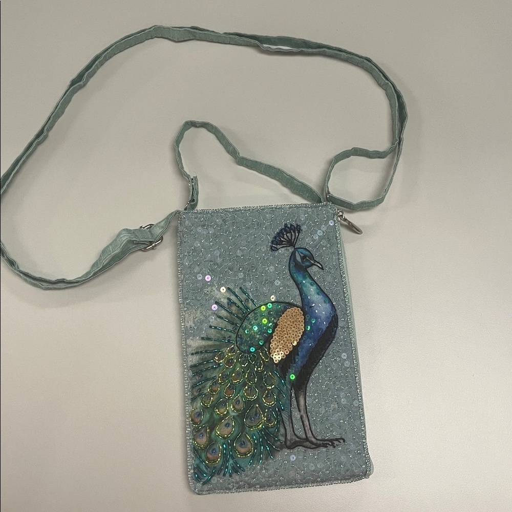 Bamboo Trading Company Ice Blue Sequined Peacock adjustable Crossbody Bag